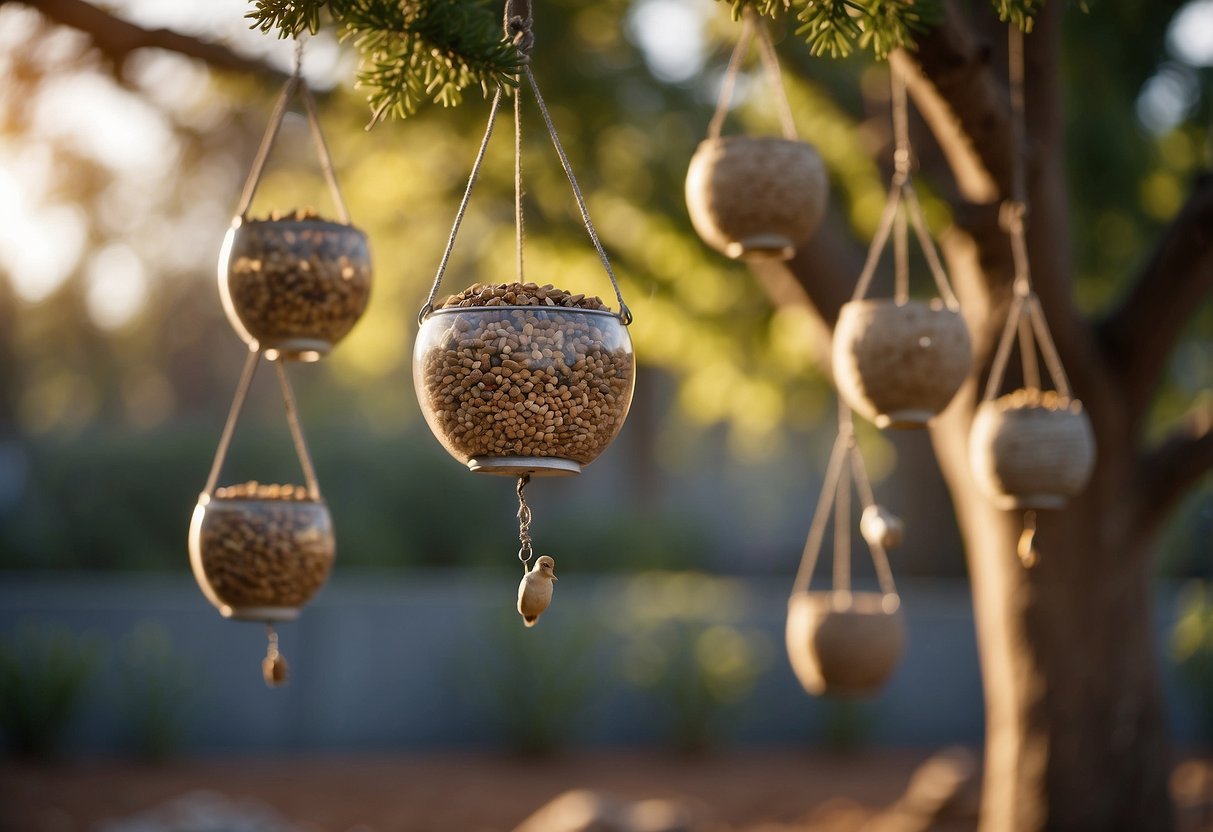 Bird feeders hang from a tree in a barren garden, surrounded by empty planters