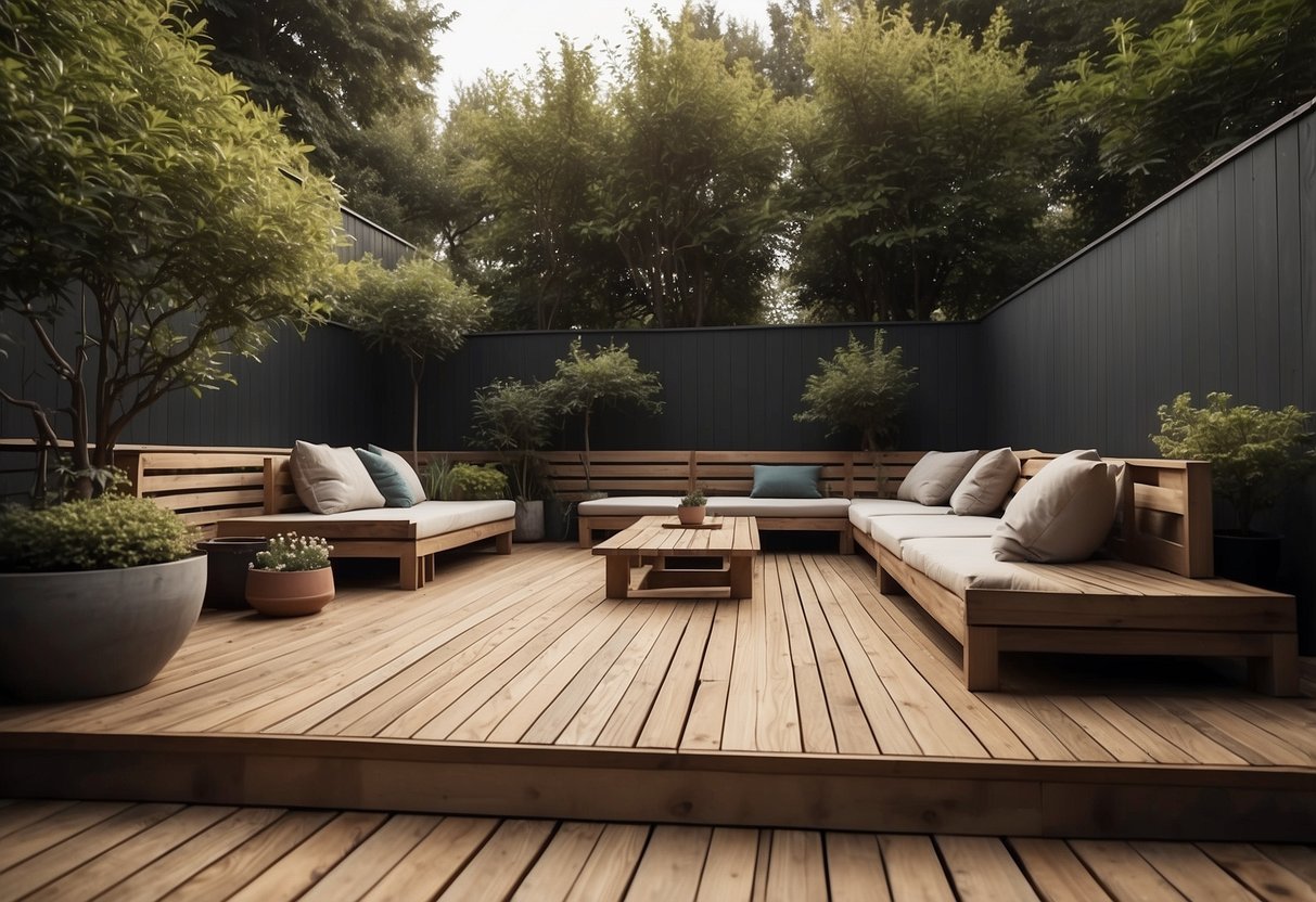 A wooden deck with no plants, featuring minimalist garden furniture and clean lines