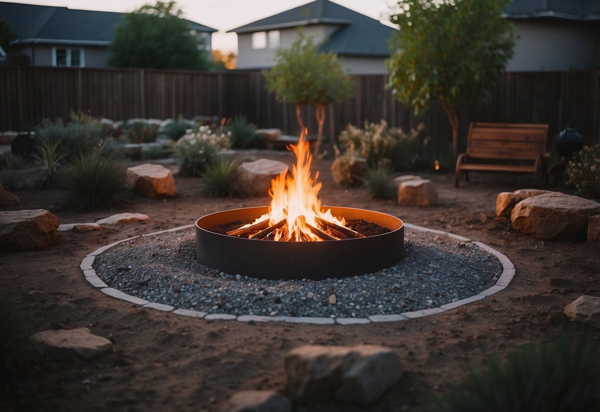 A backyard with fire pits surrounded by barren soil and no plants, creating a minimalist garden aesthetic