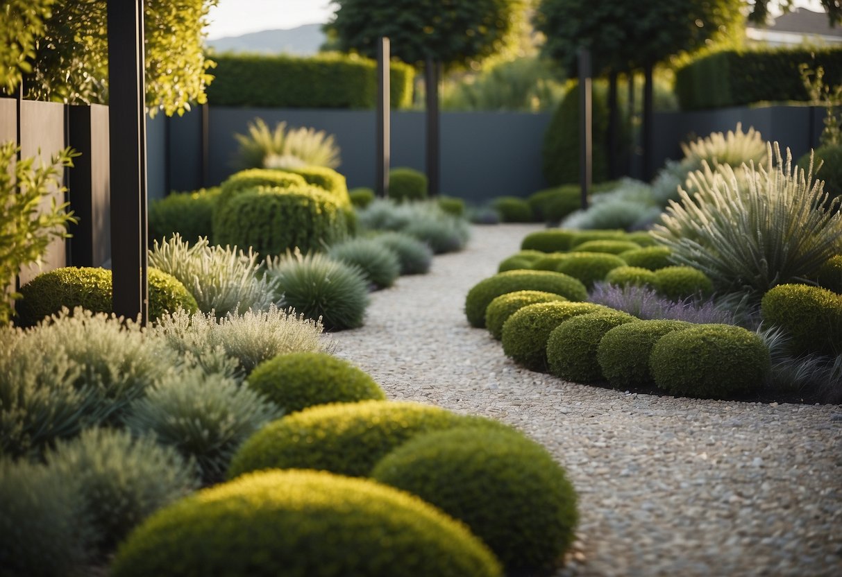 A modern, minimalist garden with clean lines and geometric shapes. Paved pathways and gravel areas create a low-maintenance, no-plants garden