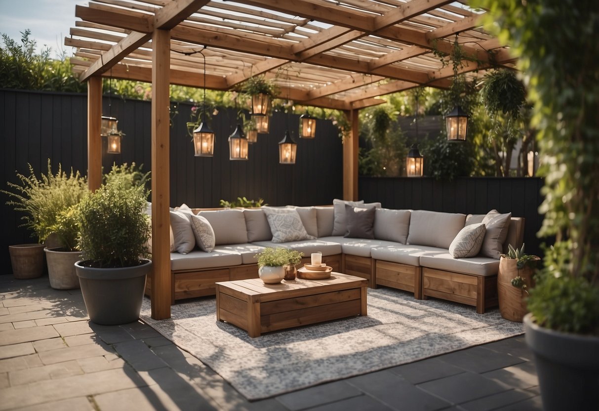 A cozy outdoor seating area with a pergola, comfortable furniture, and built-in storage. No plants, but plenty of space for relaxation and entertainment