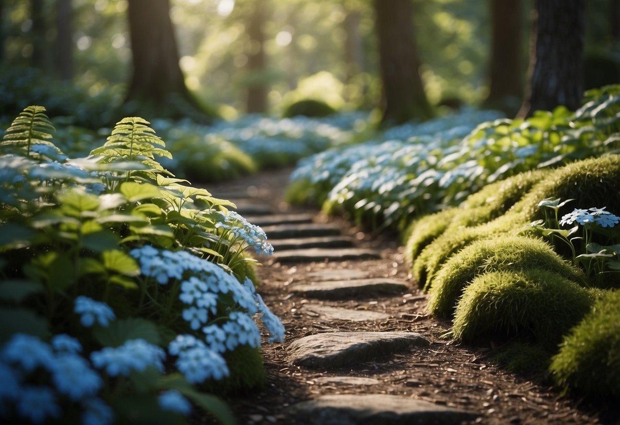 A shaded garden with Brunnera plants, mossy rocks, and a winding path