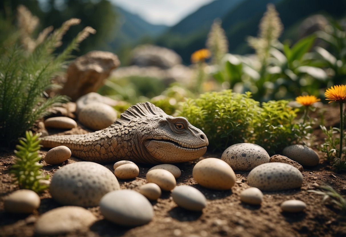 A prehistoric landscape with fossils, plants, and dinosaur eggs scattered in a garden setting