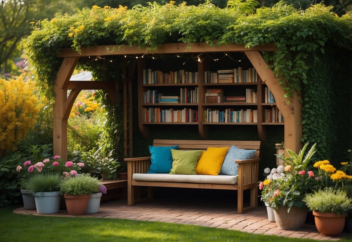 A cozy reading nook nestled in a garden, with a colorful canopy overhead, surrounded by blooming flowers and lush greenery. A small bookshelf filled with children's books and a comfortable seating area invite young readers to immerse themselves in stories