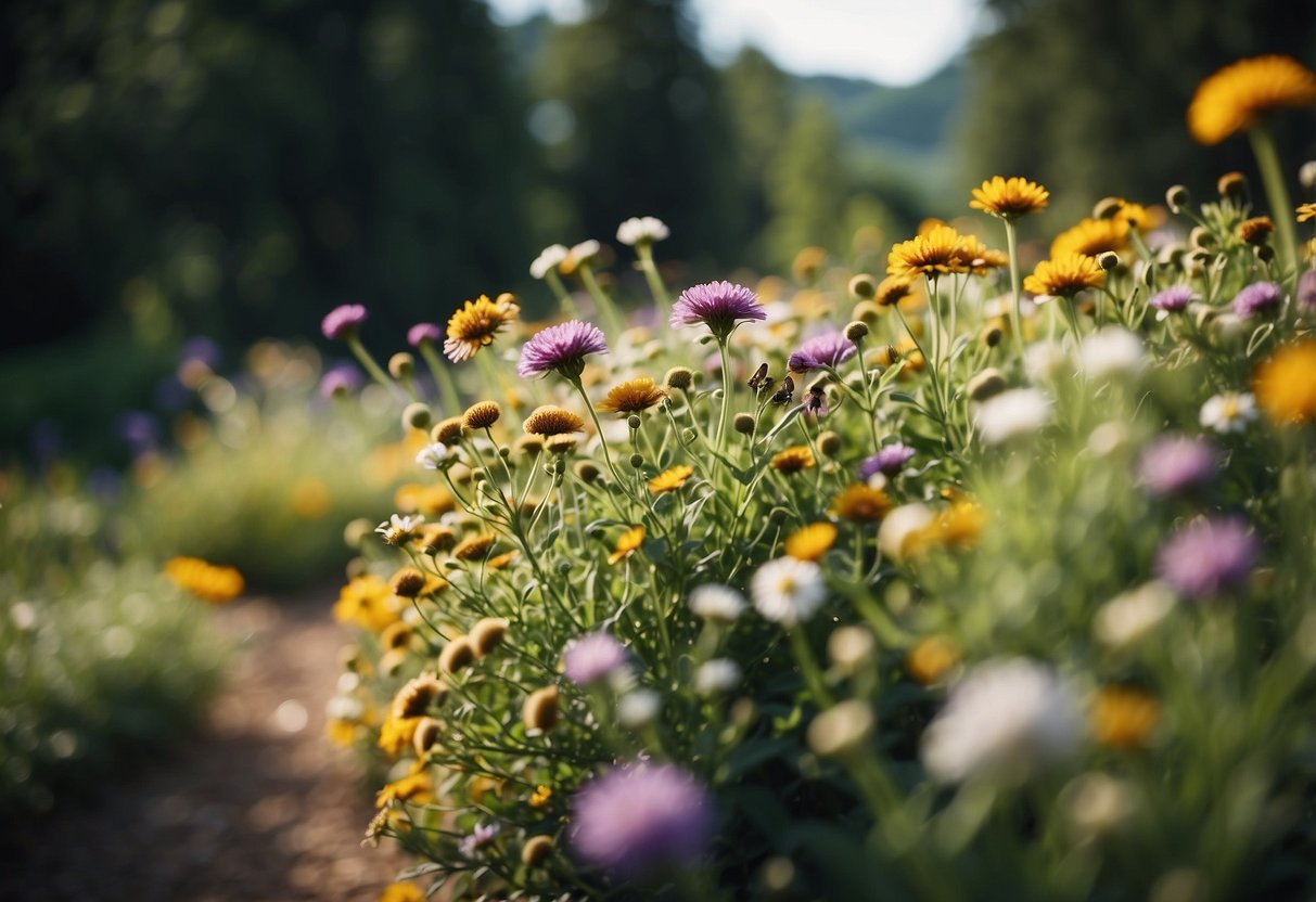 A vibrant herb patch with aromatic plants, colorful flowers, and winding pathways, surrounded by tall trees and buzzing with bees and butterflies