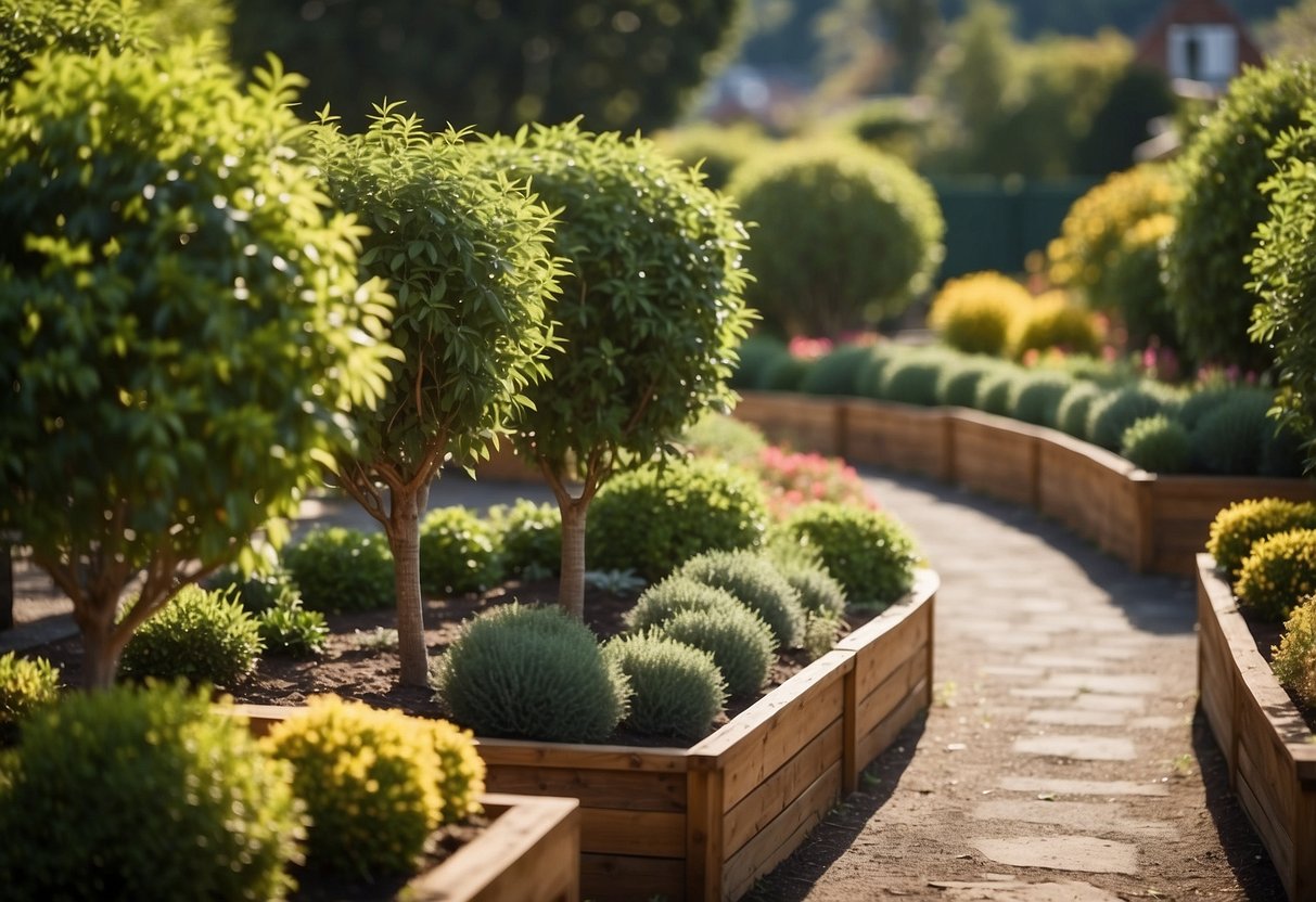 A variety of fruit trees and shrubs arranged in neat rows within a small, well-maintained garden area. The design includes pathways, seating areas, and decorative elements