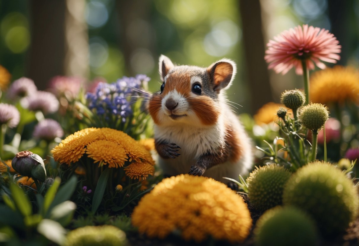 A group of woodland creatures playfully interact in a lush nursery garden, surrounded by vibrant flowers and towering trees