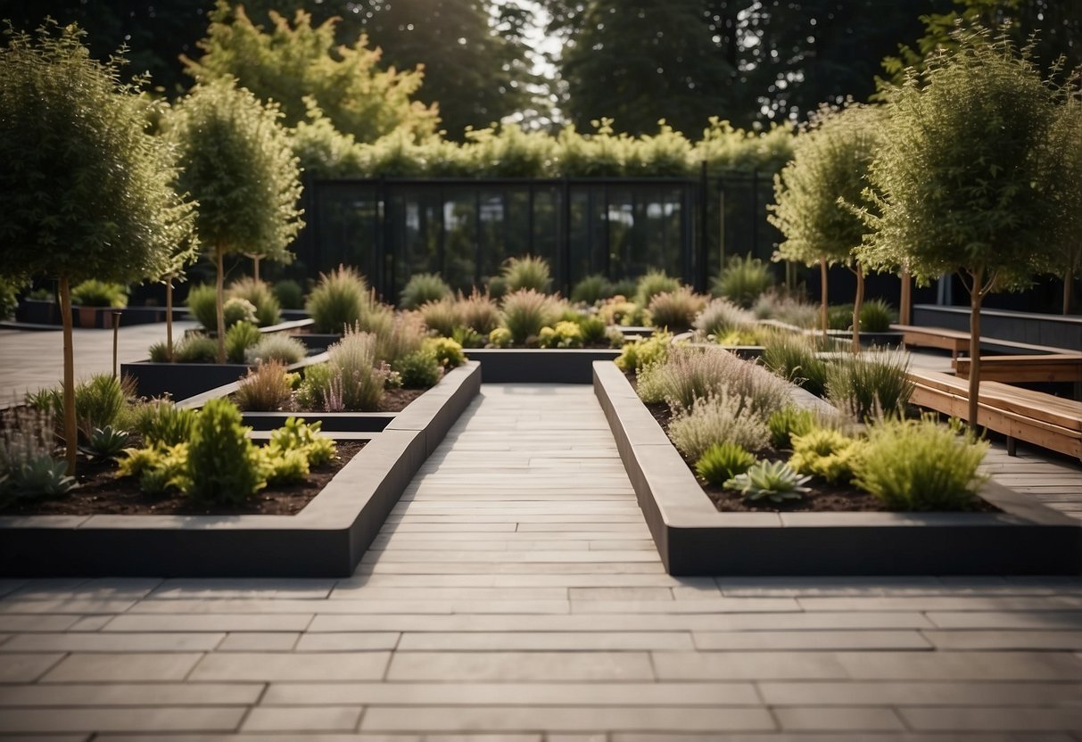 A nursery garden with raised planters, accessible paths, and seating areas, designed for functionality and aesthetics