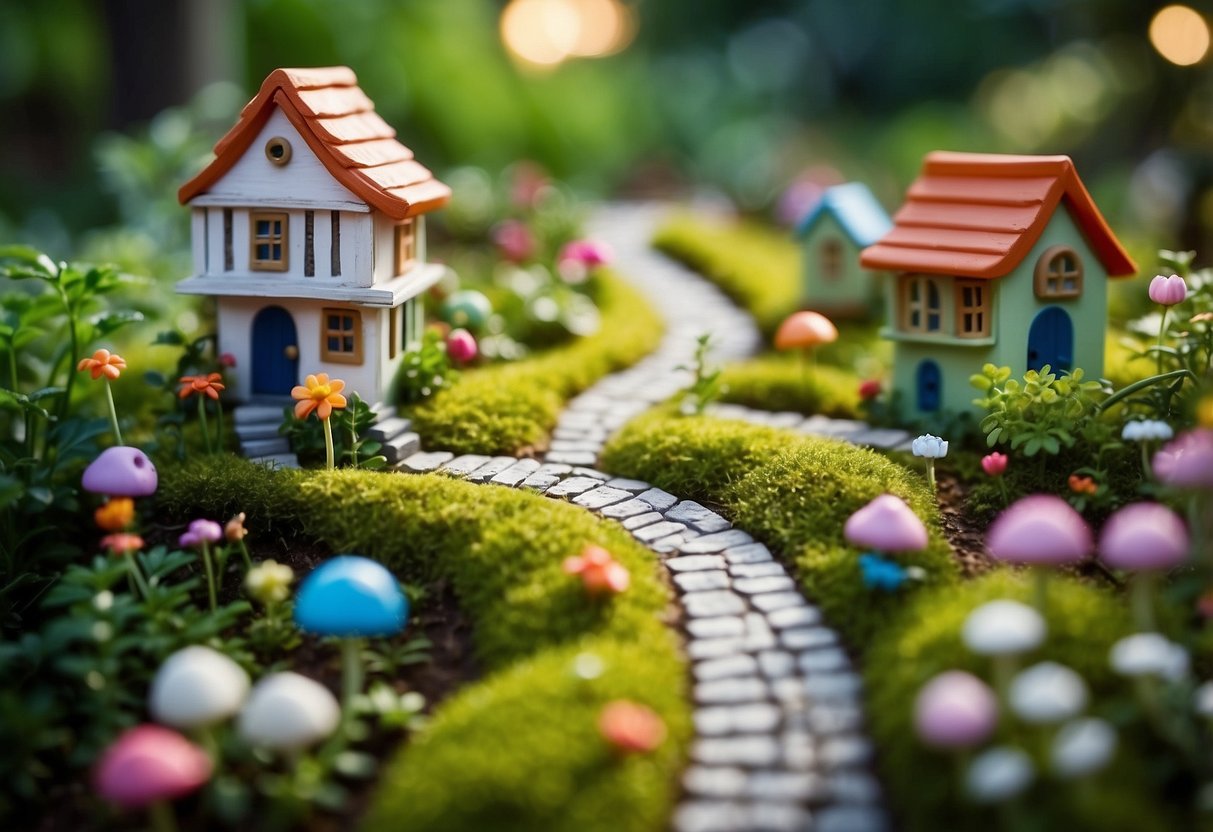 A small garden with tiny fairy houses, colorful flowers, and whimsical decorations. A winding path leads through the lush greenery, creating a magical and enchanting atmosphere