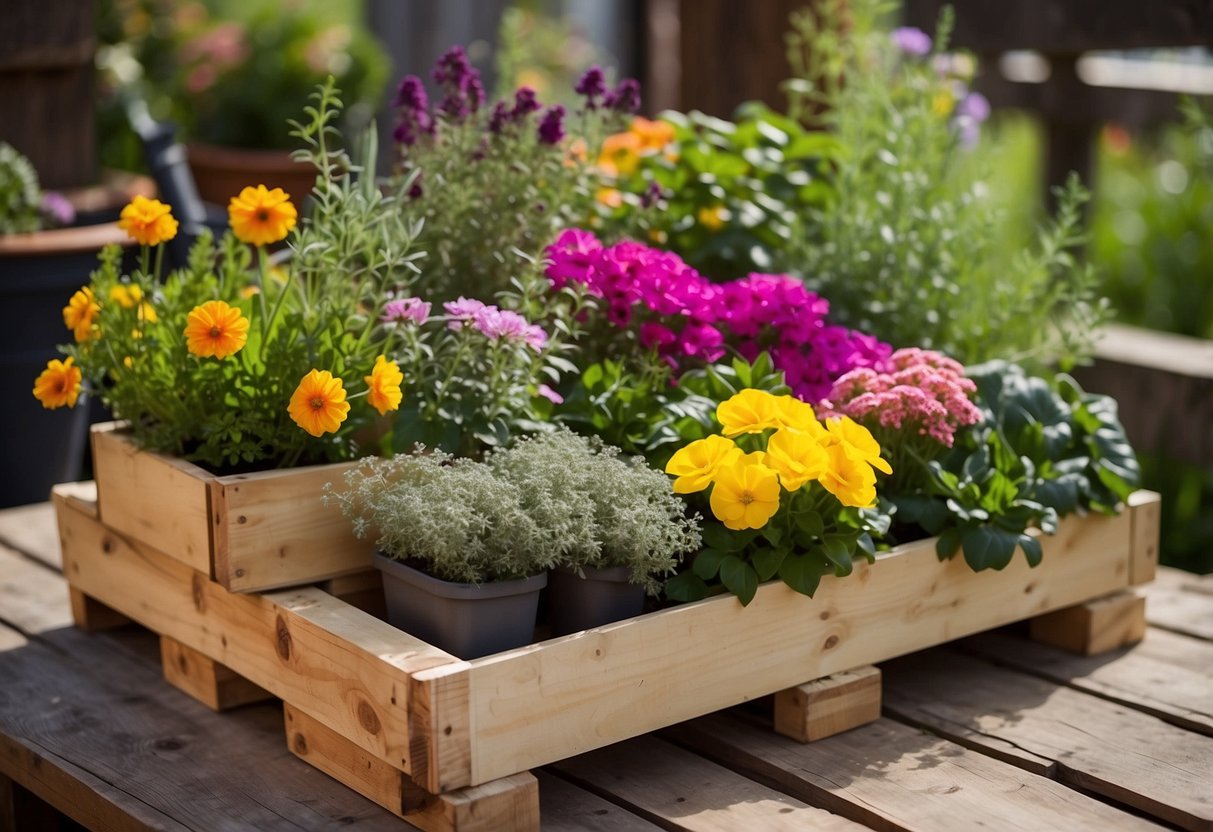 A wooden pallet converted into a planter box, filled with a variety of colorful flowers and herbs. Surrounding the pallet planter are small gardening tools and pots, creating a cozy and charming nursery garden space