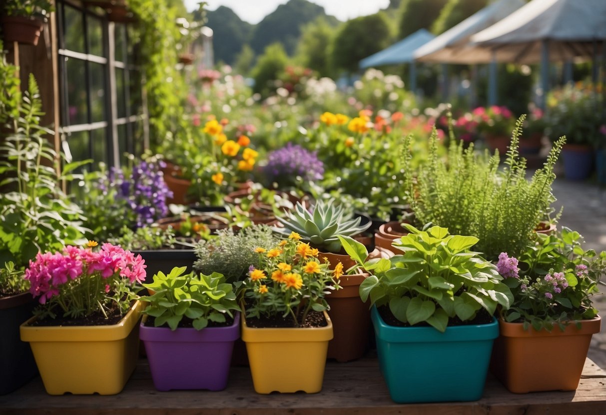 A variety of plants and flowers grow in recycled containers arranged in a small nursery garden. The garden is filled with vibrant colors and lush greenery, creating a beautiful and sustainable display