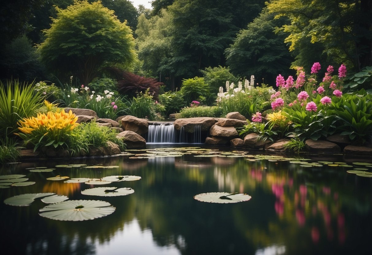 A serene pond with lily pads and a small waterfall, surrounded by lush greenery and colorful flowers, creating a peaceful garden oasis