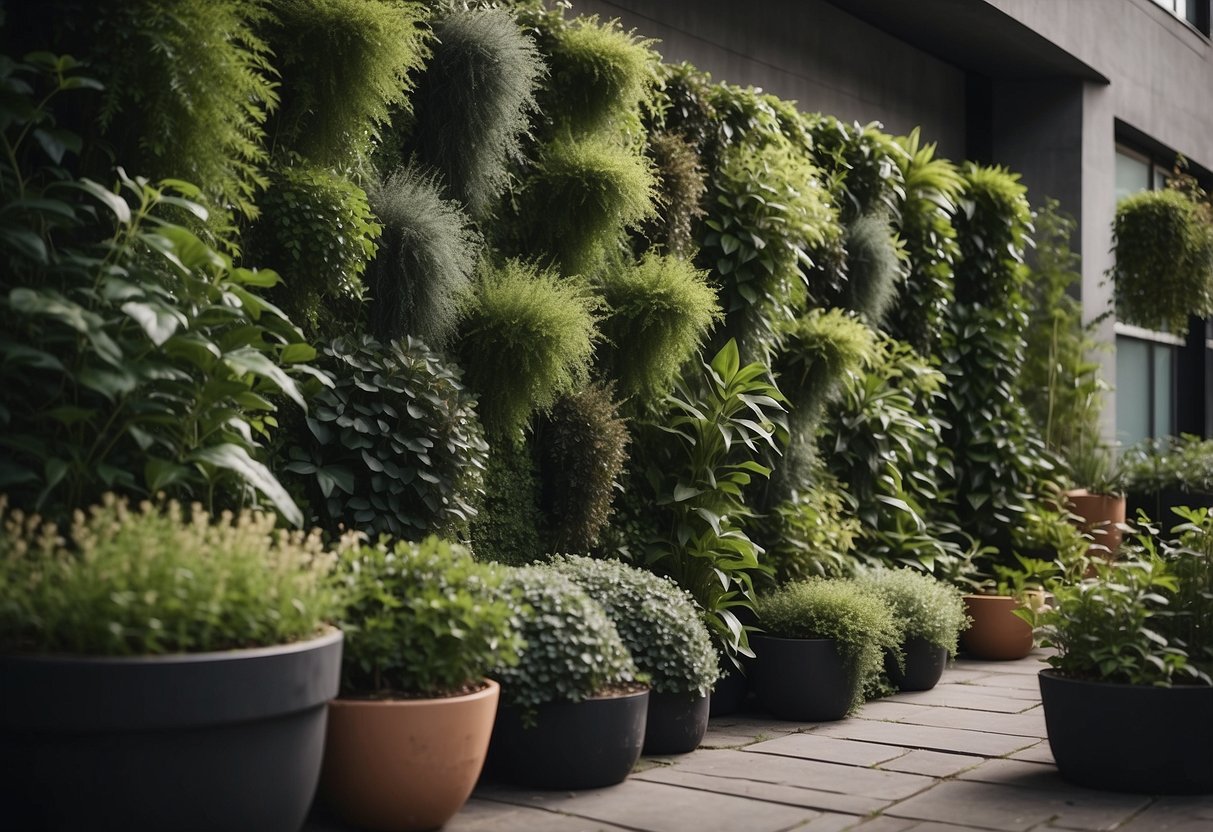 A vertical herb wall with cascading greenery creates a small garden oasis