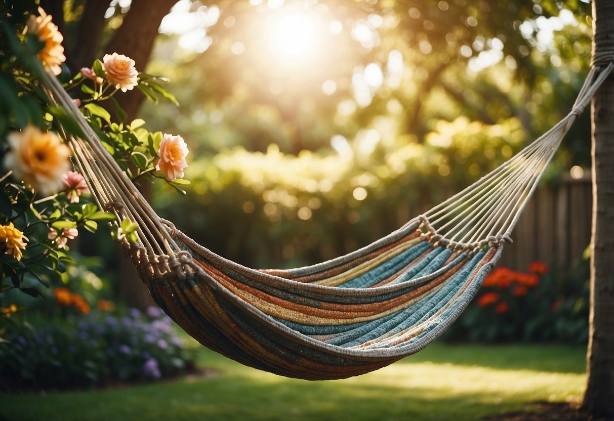 A hammock is strung between two sturdy trees in a small garden oasis, with lush greenery and colorful flowers surrounding the peaceful scene