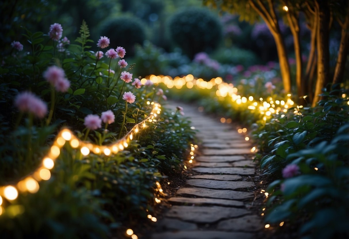 A winding trail of fairy lights illuminates a lush garden oasis, weaving through vibrant flowers and delicate foliage