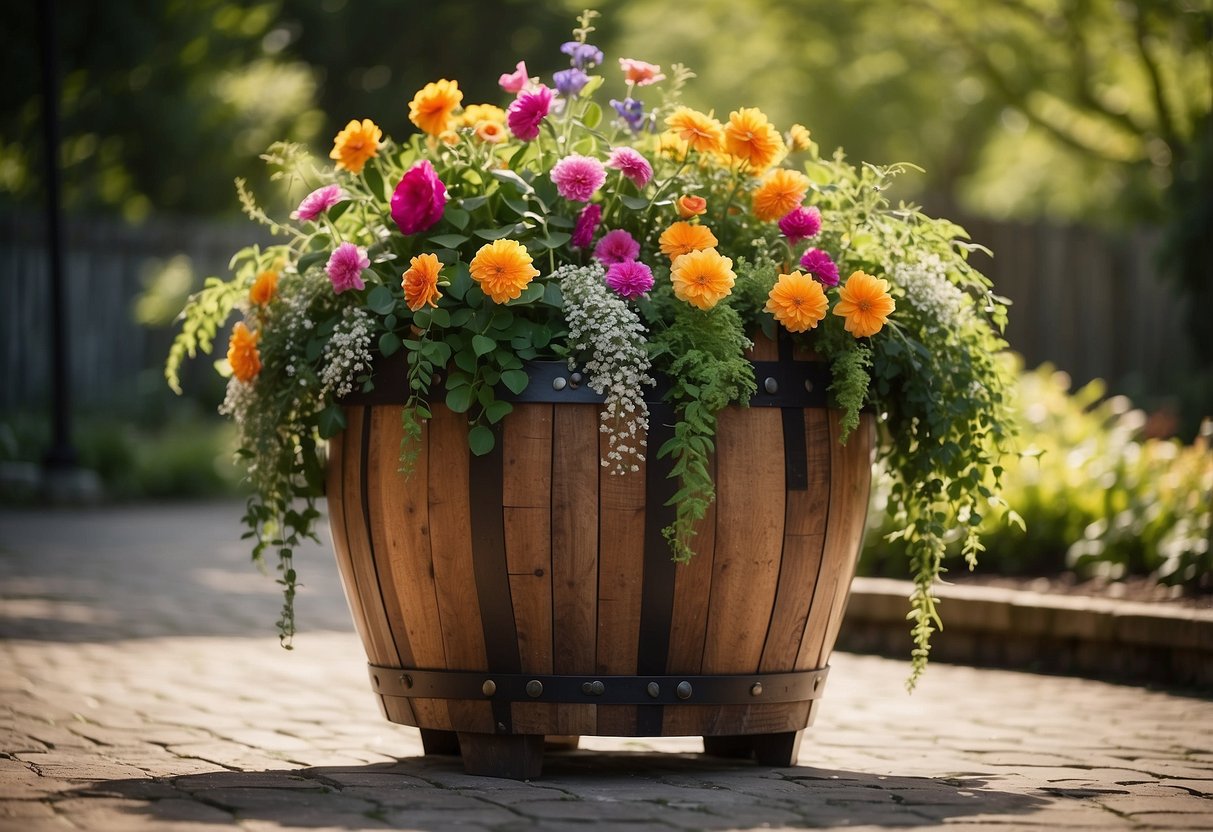 A vertical oak barrel planter stands in a lush garden, filled with vibrant flowers and greenery, adding a rustic and natural touch to the outdoor space