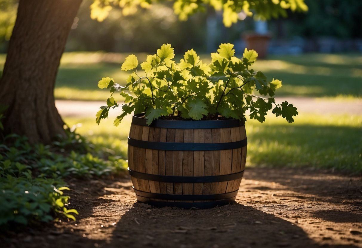 An oak barrel pot sits beneath a fruit tree in a garden, surrounded by lush greenery. The sunlight filters through the leaves, casting dappled shadows on the ground