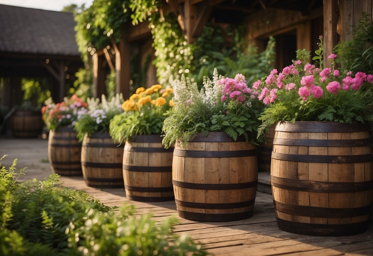 Lush greenery spills from repurposed oak barrels, bursting with vibrant flowers and foliage. The rustic wooden containers create a charming garden display