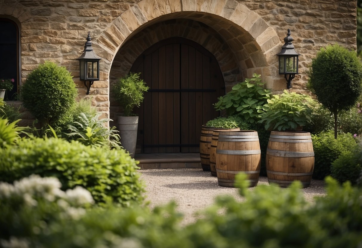 Lush green garden with strategically placed oak barrels, creating a charming and rustic outdoor space