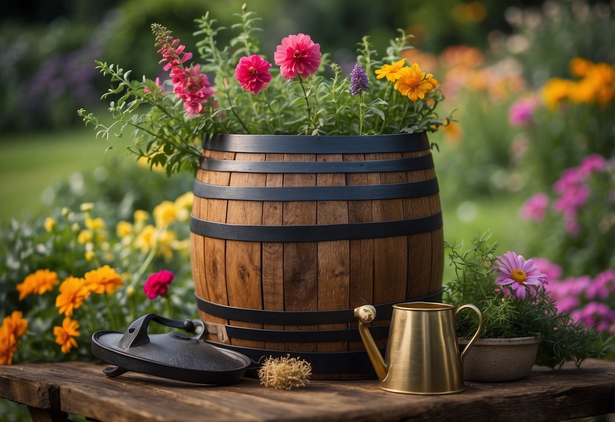 An oak barrel sits in a lush garden, filled with vibrant flowers and herbs. A small watering can and garden tools are nearby, ready for maintenance