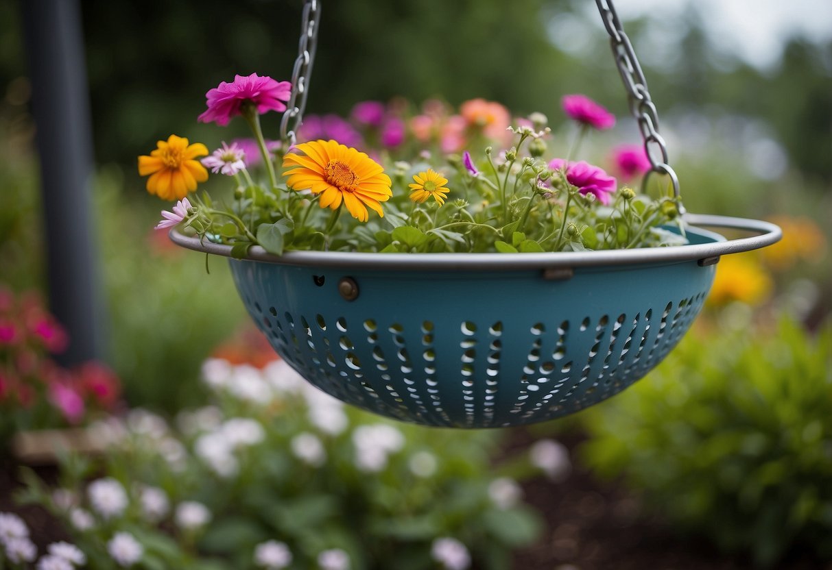 A colander hangs from a hook, filled with vibrant flowers, adding a unique touch to a small garden space