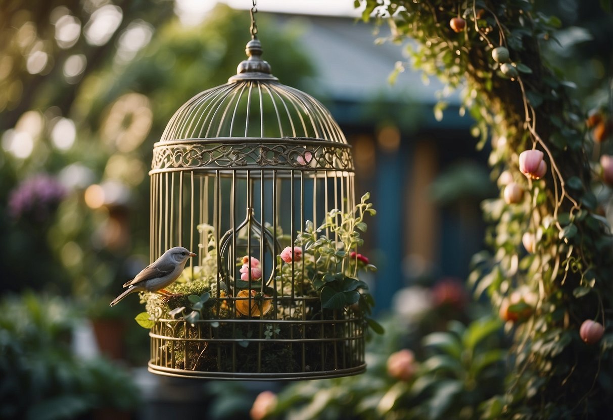 A birdcage hangs from a tree, overflowing with vibrant plants. The garden is filled with small, odd-shaped displays, creating a whimsical and unique atmosphere