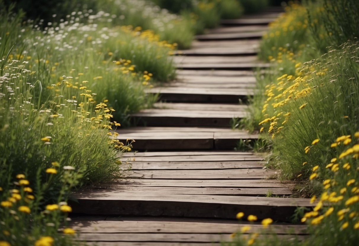 A winding pathway made of weathered railway sleepers, surrounded by overgrown greenery and wildflowers