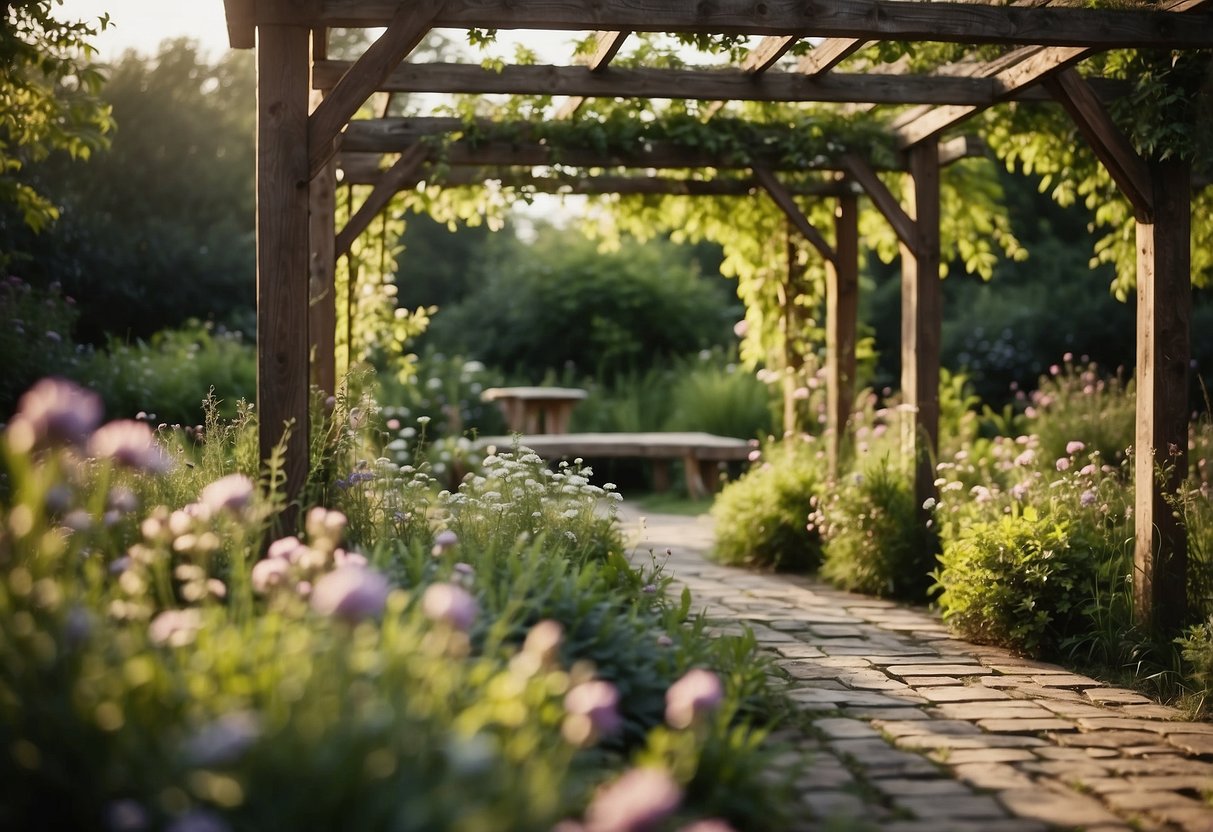 A pergola made of weathered railway sleepers stands in a garden, surrounded by lush greenery and blooming flowers. The rustic frames create a cozy and inviting atmosphere