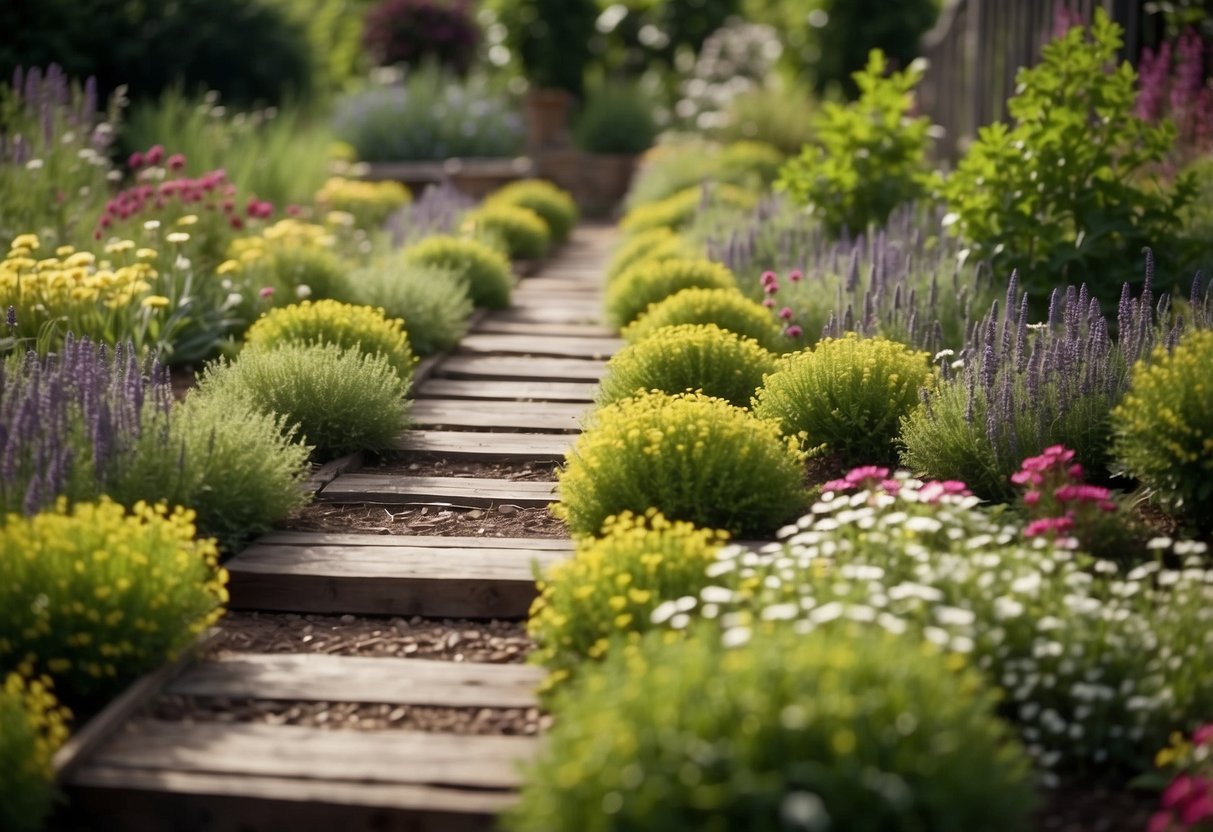 A garden with weathered railway sleepers arranged in various patterns, surrounded by lush greenery and blooming flowers