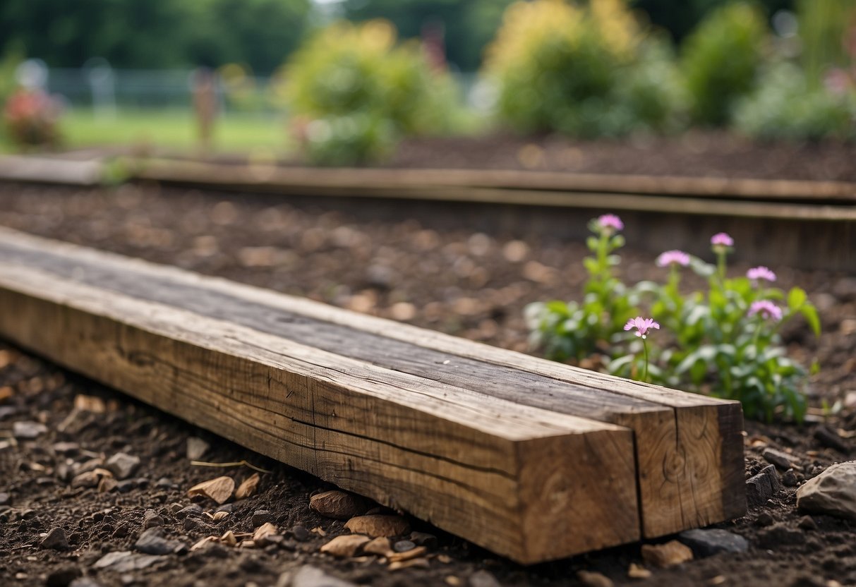 Laying railway sleepers in a garden, clearing debris, leveling ground, and measuring for placement