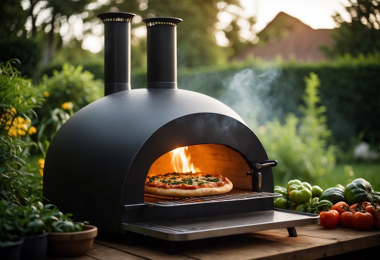 A portable pizza oven sits in a lush garden, surrounded by herbs and vegetables. Smoke billows from the chimney as a pizza bakes inside