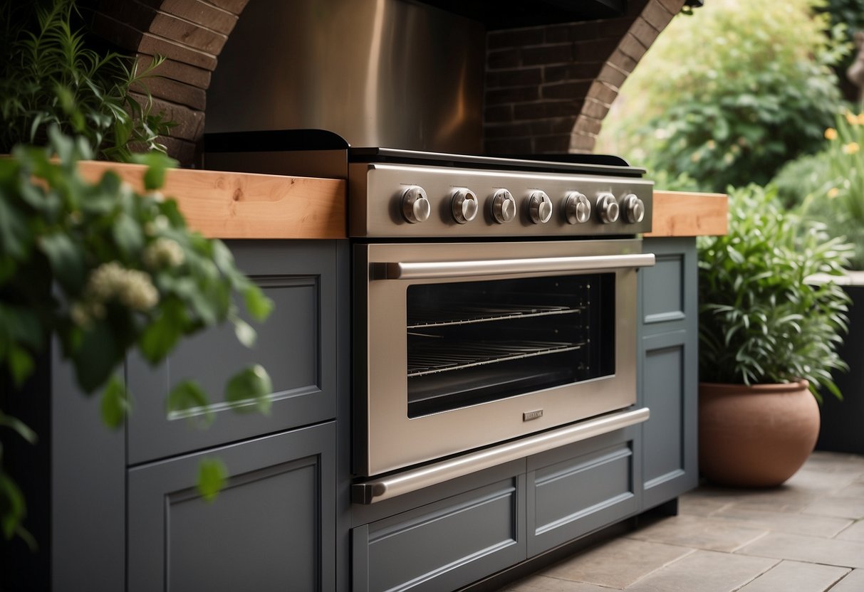 A sleek built-in gas oven sits surrounded by lush greenery, with colorful flowers and herbs growing nearby. The oven is nestled within a cozy outdoor kitchen space, with a stone countertop and wooden cabinets