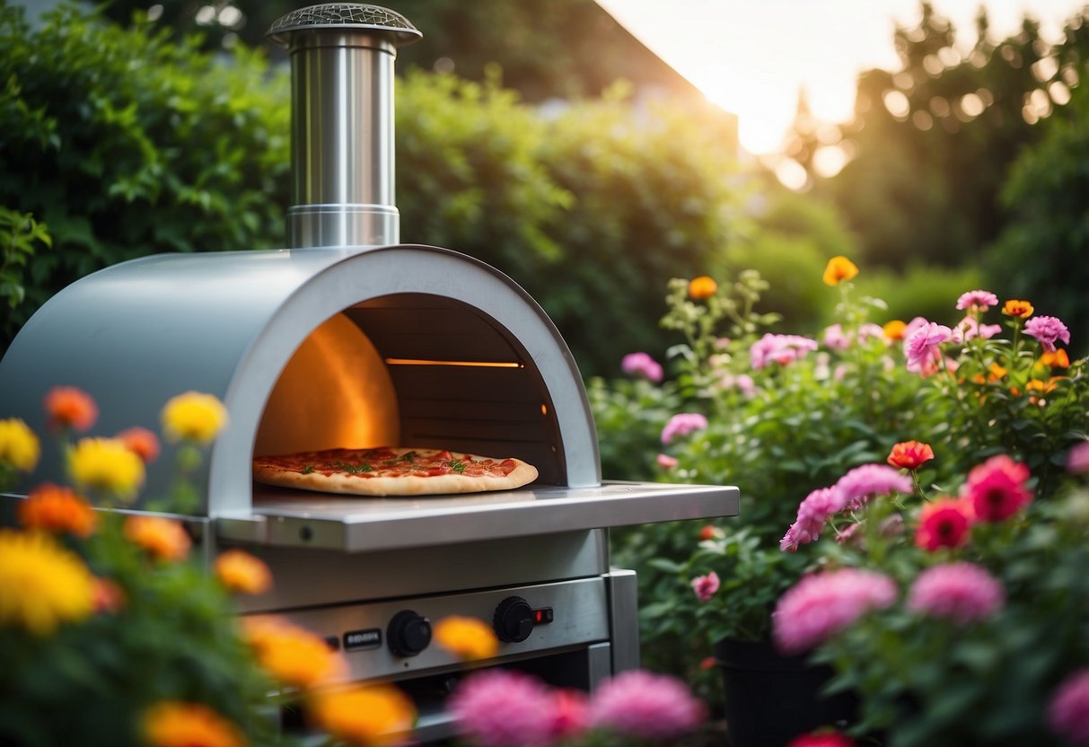 An electric pizza oven sits in a lush garden, surrounded by colorful flowers and greenery. The oven is glowing with warmth, ready to bake delicious pizzas