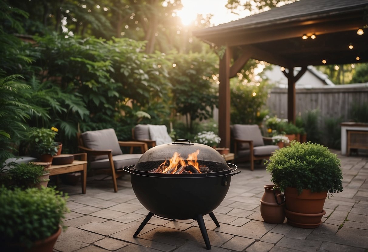 A backyard with a smoker grill combo surrounded by lush greenery and outdoor seating, with a cozy fire pit nearby