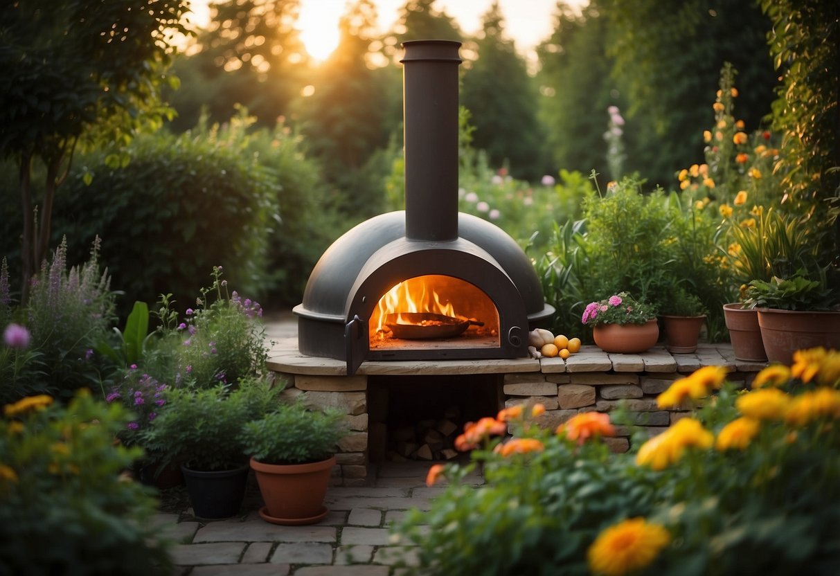 A cob oven sits in a lush garden, surrounded by vibrant flowers and vegetables. Smoke curls from the chimney, and a warm glow emanates from the oven's opening