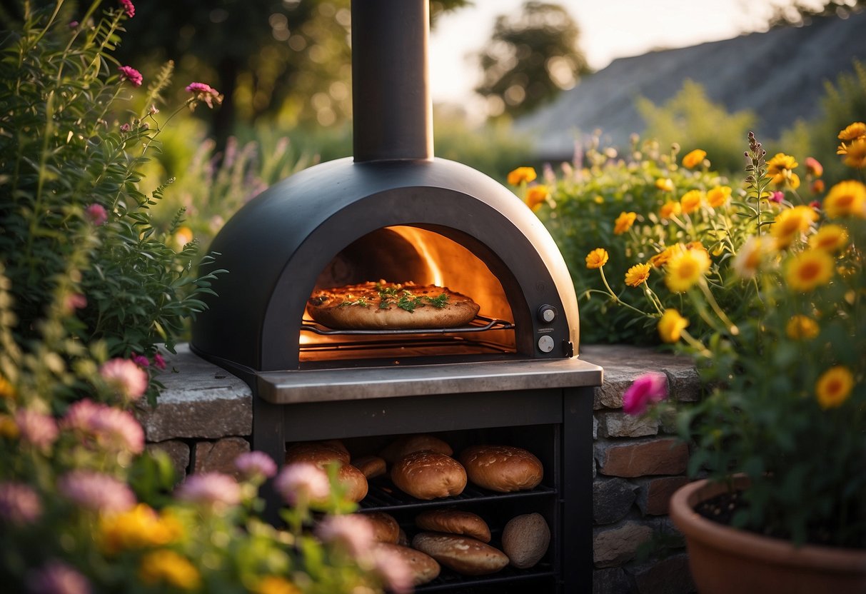 A garden oven sits nestled among vibrant flowers and lush greenery, emitting a warm glow as it cooks delicious meals in the open air