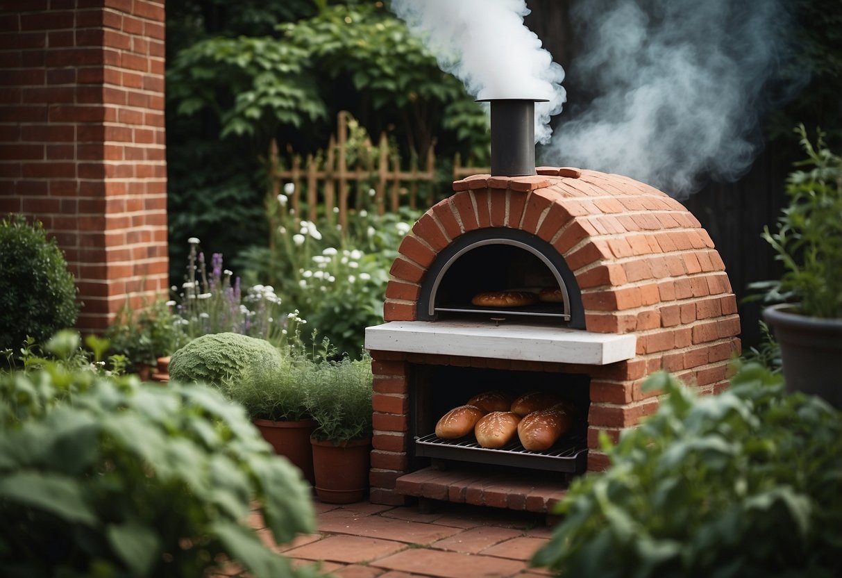 A rustic brick garden oven stands in a lush backyard, surrounded by herbs and vegetables. Smoke billows from the chimney as bread bakes inside