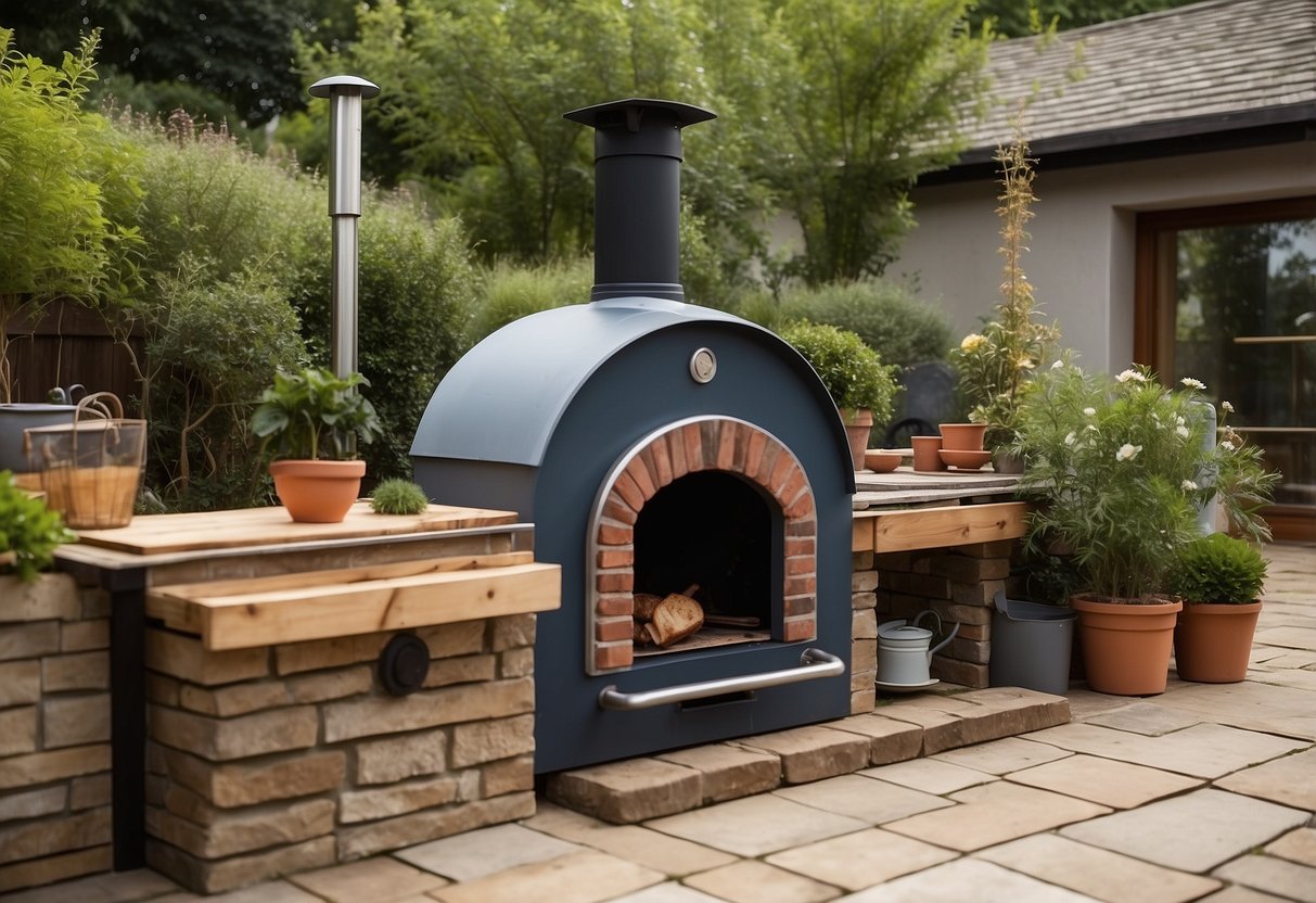 A garden oven being installed and maintained with various tools and materials scattered around the outdoor space