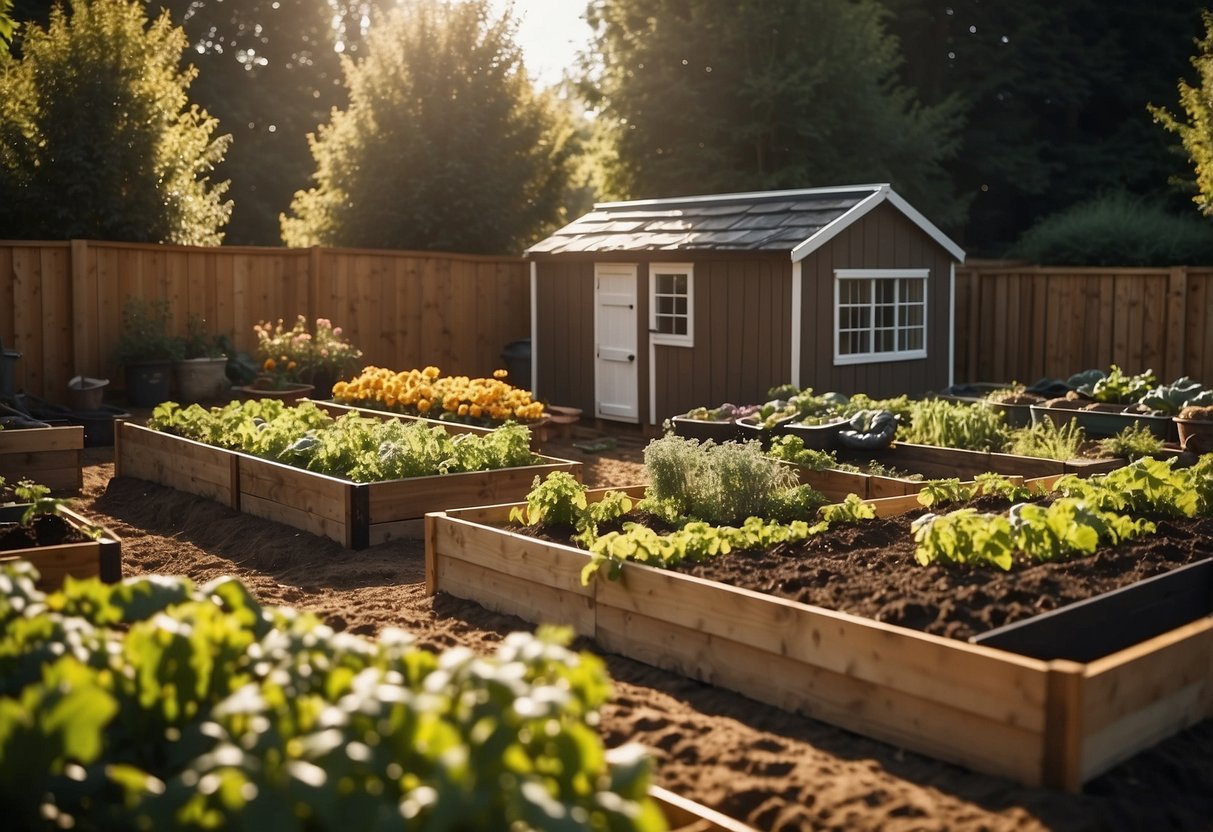 A sunny backyard with raised beds, filled with rich soil and various vegetables planted in neat rows. A small tool shed sits in the corner, with gardening tools neatly organized