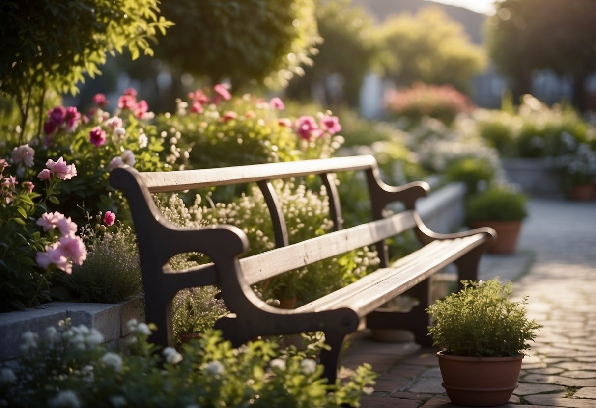 A peaceful garden with various therapeutic activities: planting, watering, harvesting, and arranging flowers. A bench for relaxation and a small fountain for calming sounds