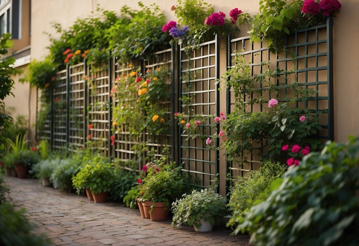 A PVC trellis stands against a garden wall, adorned with colorful painted designs. Greenery climbs up the trellis, adding a vibrant touch to the garden