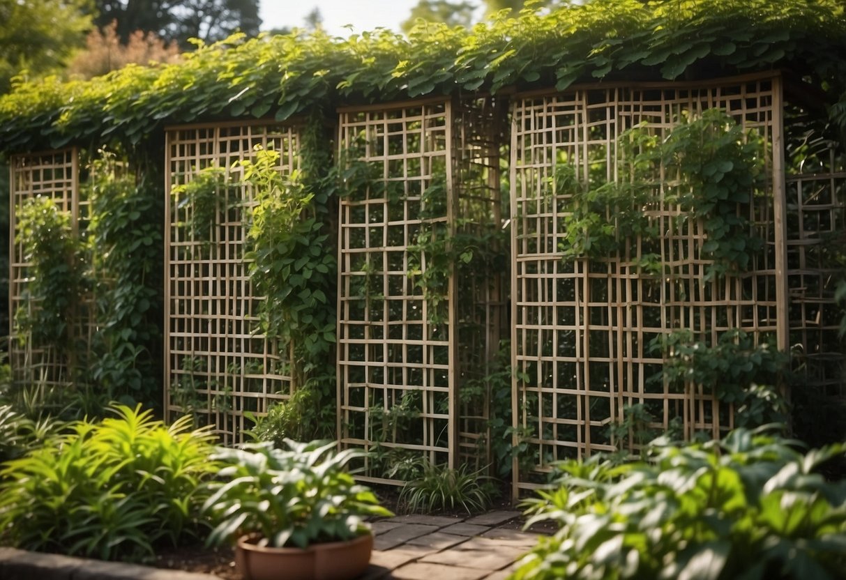 A multi-panel PVC trellis wall stands tall in a lush garden, with climbing plants weaving through the intricate lattice design