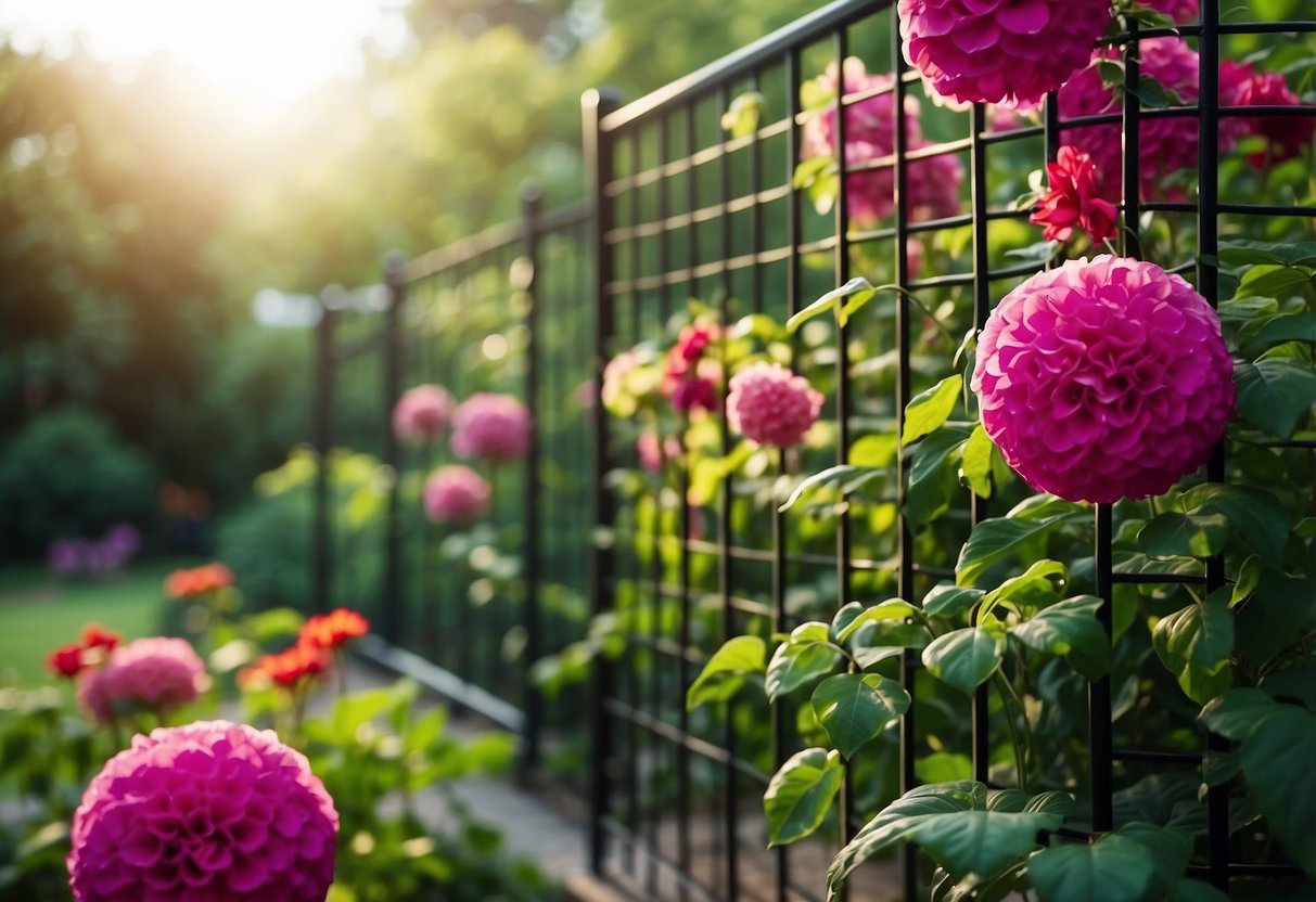 A geometric PVC trellis stands in a modern garden, surrounded by lush greenery and vibrant flowers