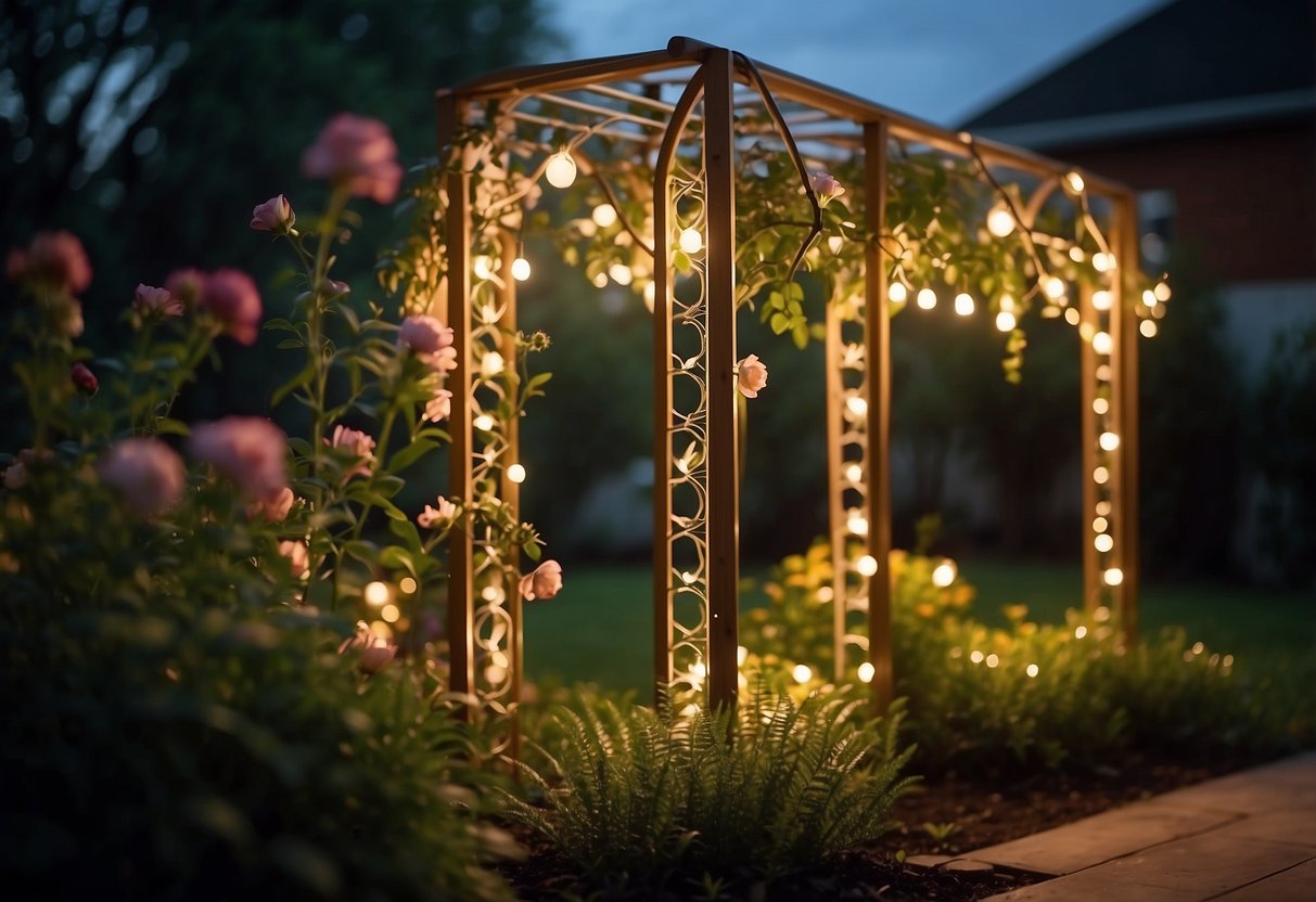 A PVC garden trellis stands tall, adorned with integrated lights, casting a warm glow over the surrounding plants and flowers