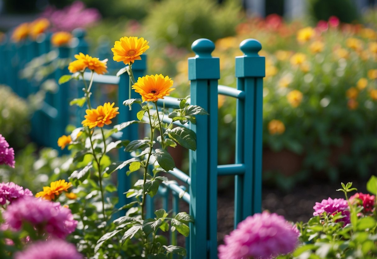 A vibrant PVC trellis stands in a children's garden, adorned with colorful flowers and vines