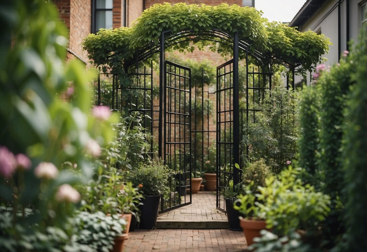 Vibrant garden with PVC trellises supporting climbing plants. Sturdy structure, easy to clean, and weather-resistant. Perfect for a thriving garden