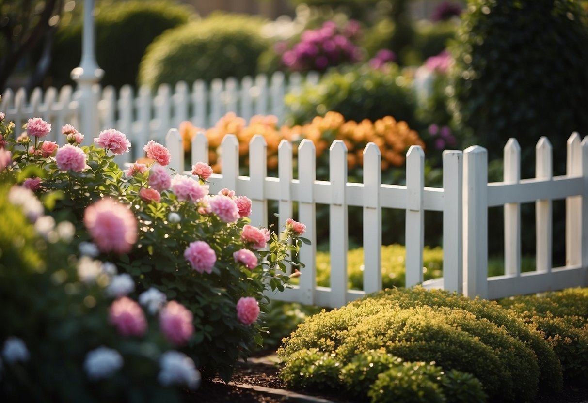 A classic white picket fence surrounds a well-manicured garden with colorful flowers and neatly trimmed bushes