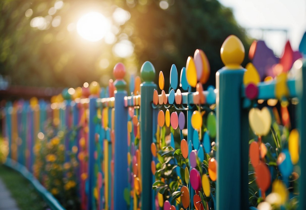 Brightly painted PVC fences line a garden, with vibrant colors and unique designs. The sun shines down on the cheerful scene, creating a welcoming and playful atmosphere