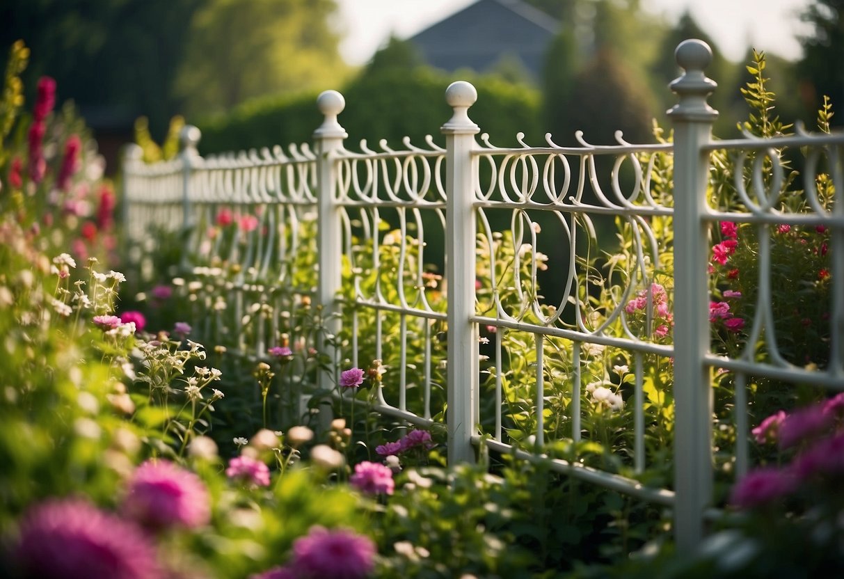 A decorative lattice PVC garden fence stands tall, surrounded by vibrant flowers and lush greenery. The intricate design adds a touch of elegance to the outdoor space