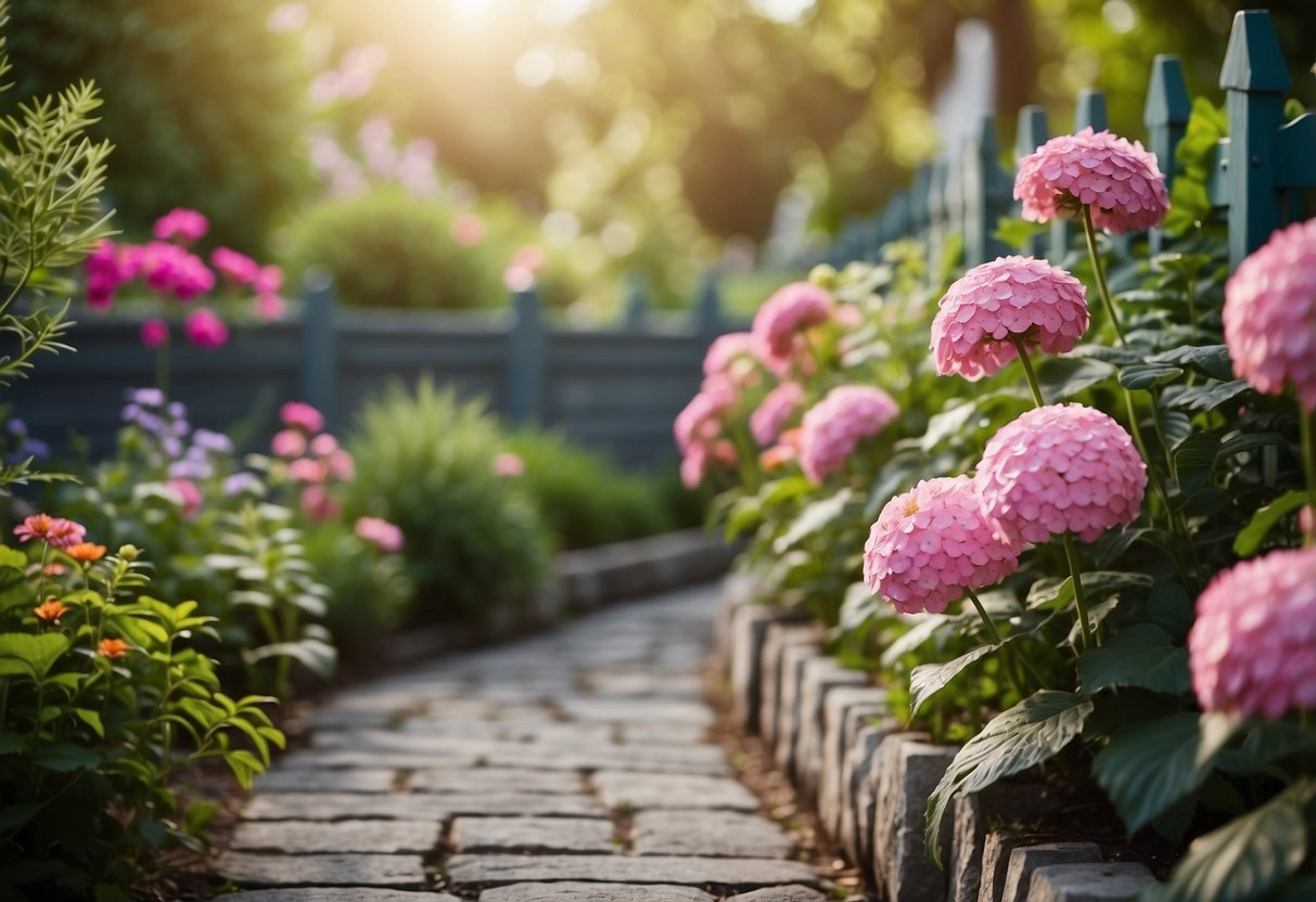 A lush garden with a durable EcoStone simulated stone PVC fence, surrounded by vibrant flowers and greenery